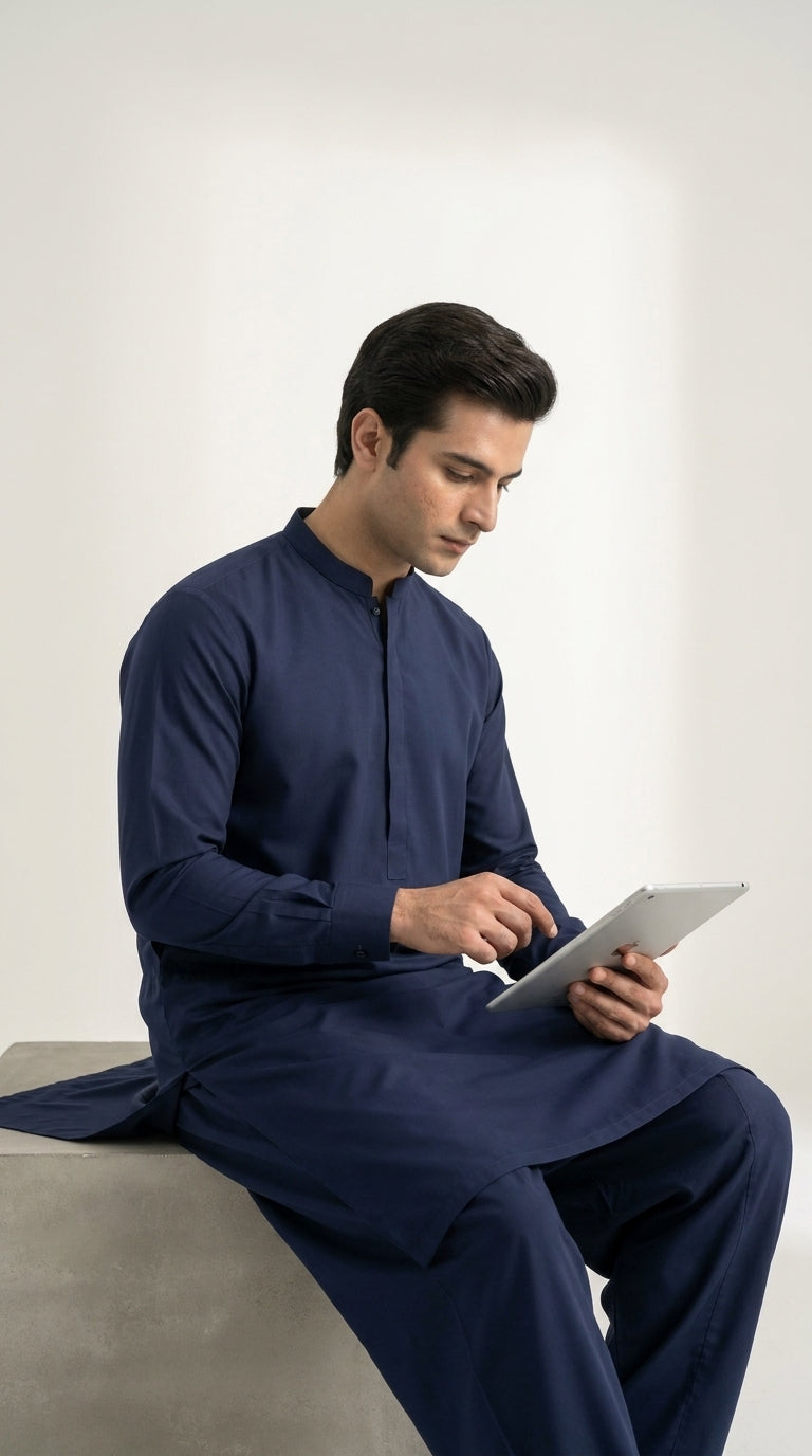 The Navy Blue — seated lifestyle shot with tablet