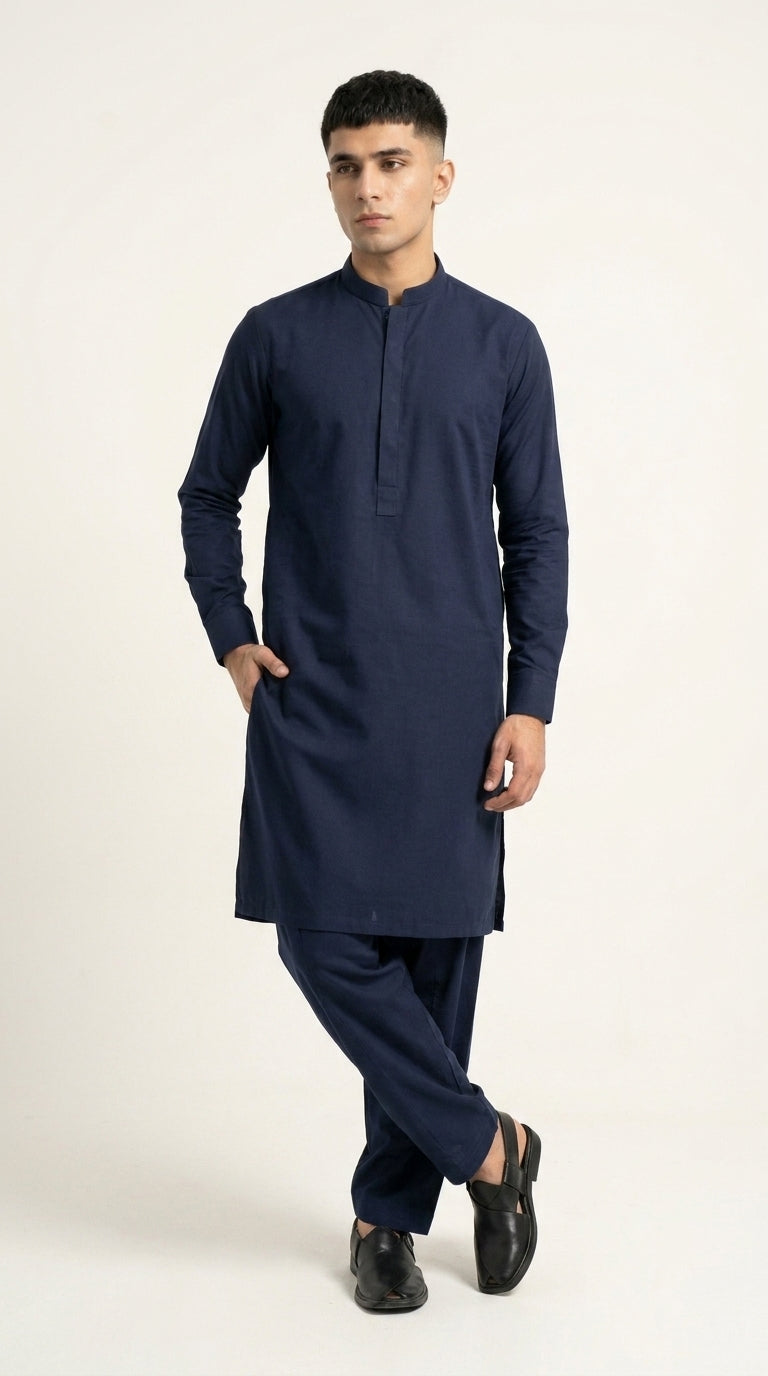 The Navy Blue — full front standing view with concealed placket