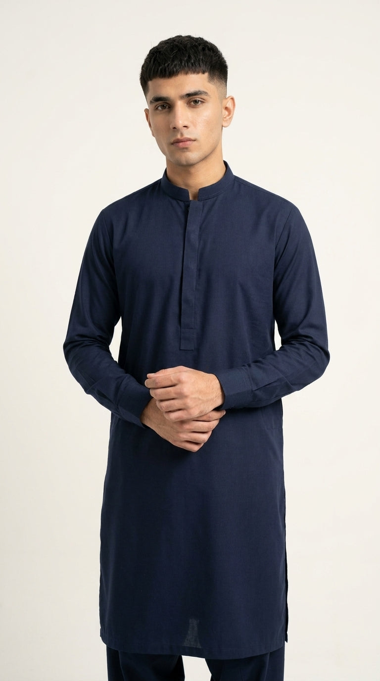 The Navy Blue — front portrait view showing collar and cuffs