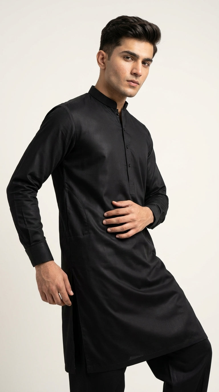 The Jet Black — three-quarter standing view with band collar