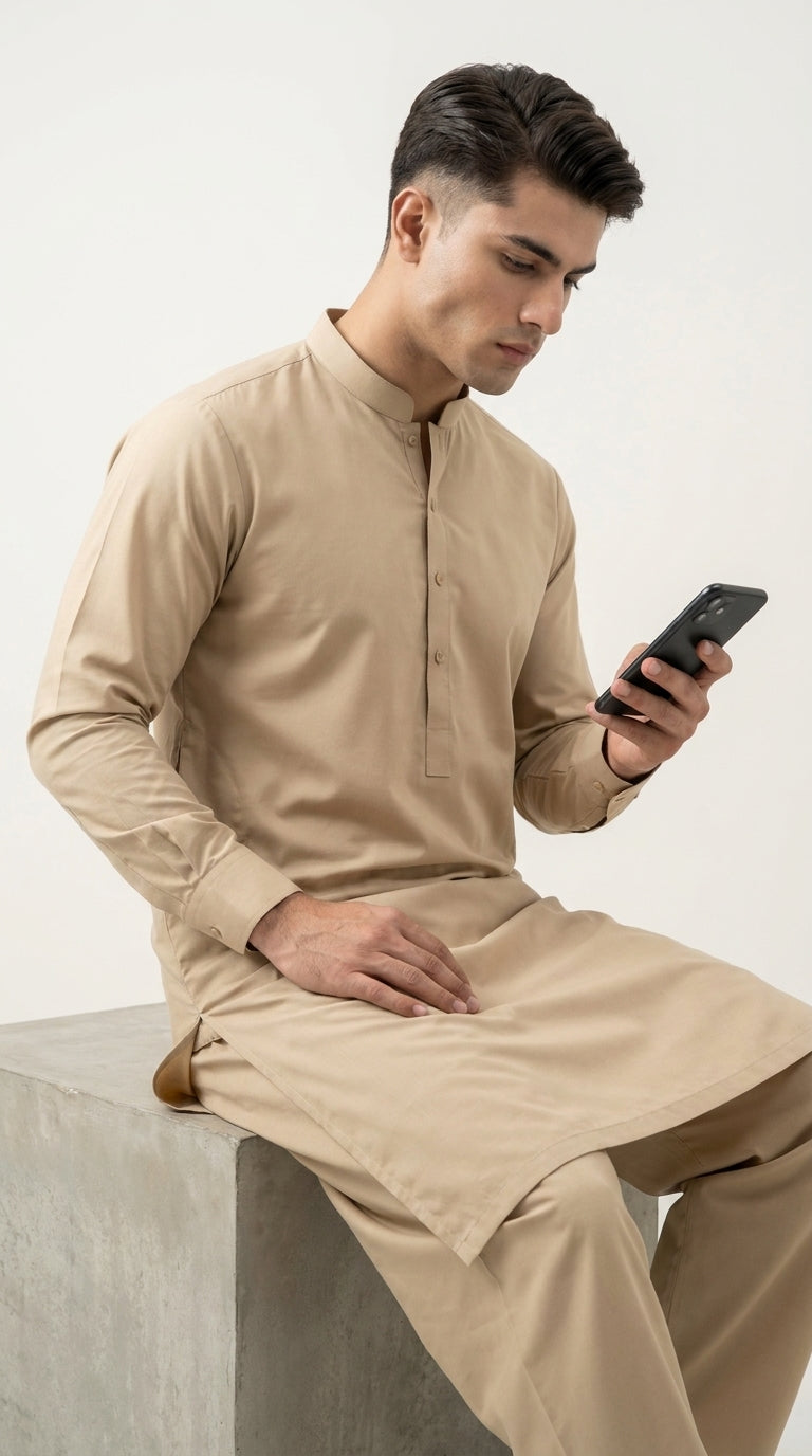 The Camel — seated lifestyle shot with phone, band collar view