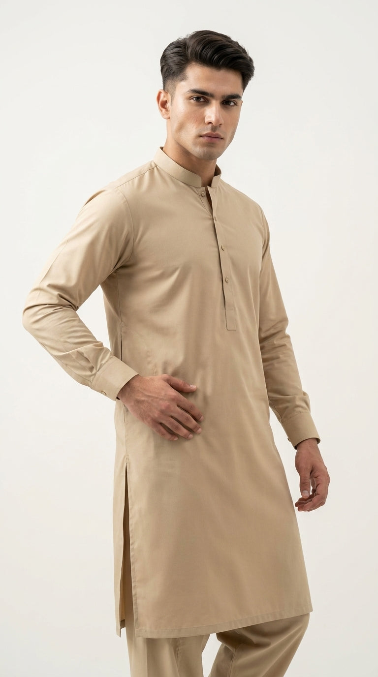 The Camel — three-quarter standing view with band collar