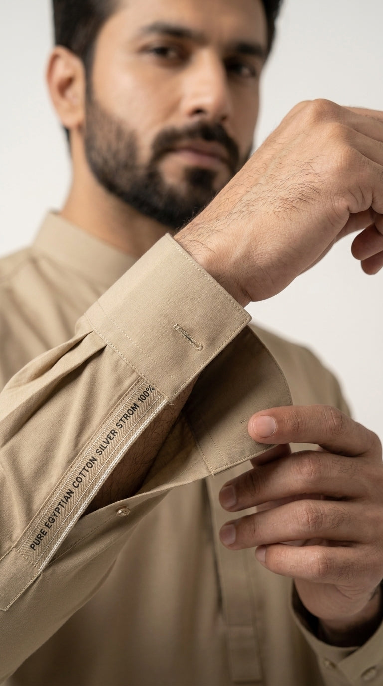 Peach — cuff detail with Silver Storm label