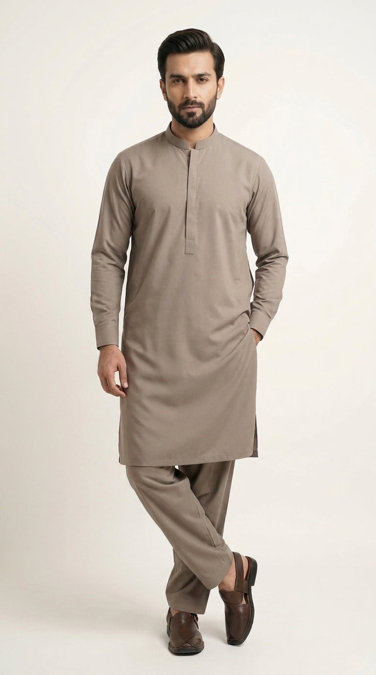 Dusk Brown — full front standing shalwar kameez