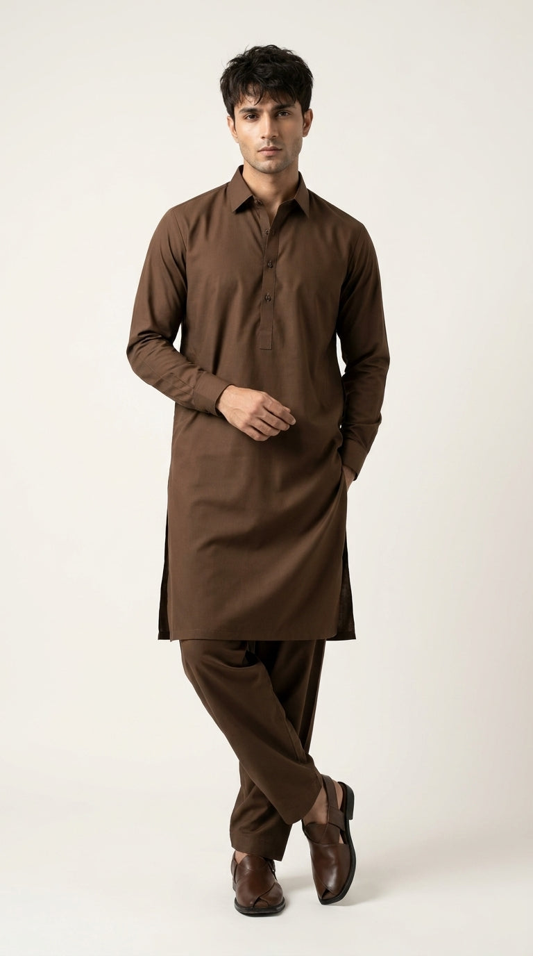 Mud Brown — full front standing with collar