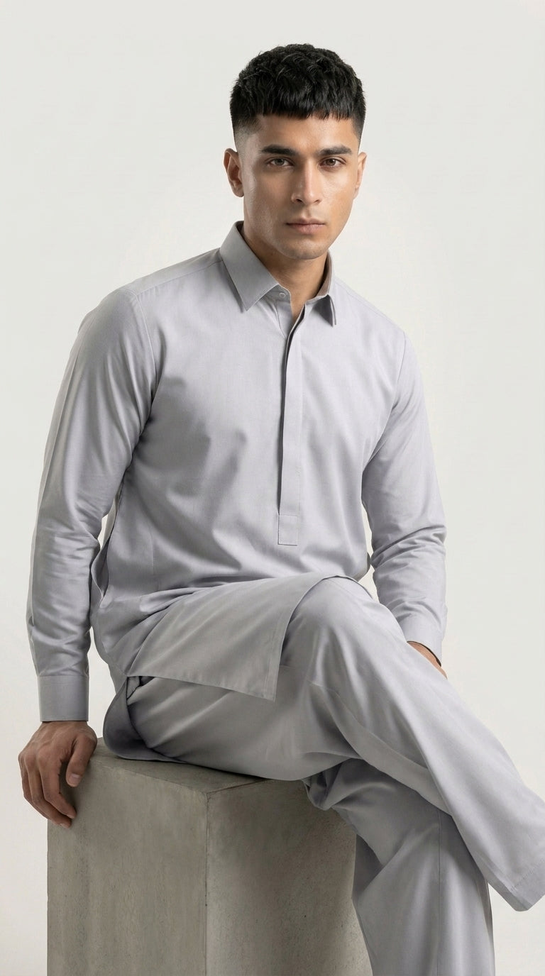 The Royal Silver — three-quarter view with dark contrast placket detail