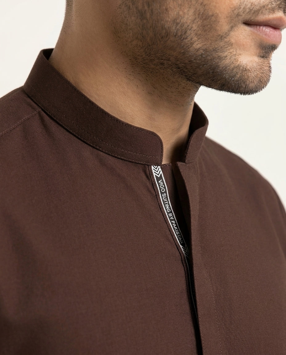 Vigo Star Dark Brown collar and Vigo Suiting by Pakistan selvedge tape close-up