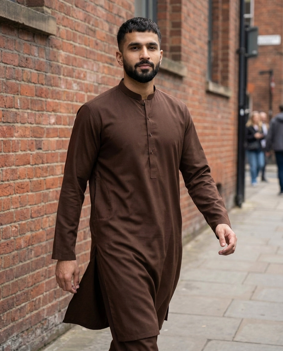 Vigo Star Mud Brown model walking full length street