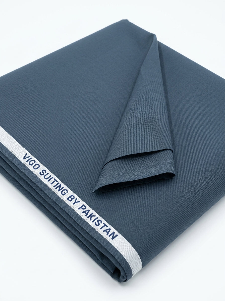 Vigo Star Sky Grey fabric folded with Vigo Suiting by Pakistan selvedge tape